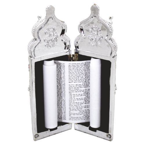 Elegant Silvered Polymer Sephardic Torah Book for Children, Laid with Choshen Stones 20x10 cm