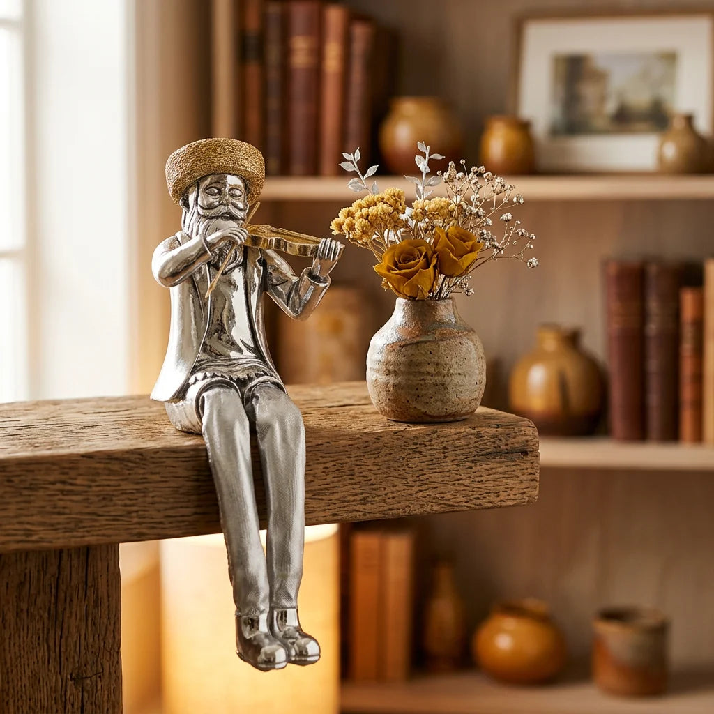 Silvered Polyresin Sitting Hassidic Figurine With Cloth Legs 19 Cm- Fiddle Player